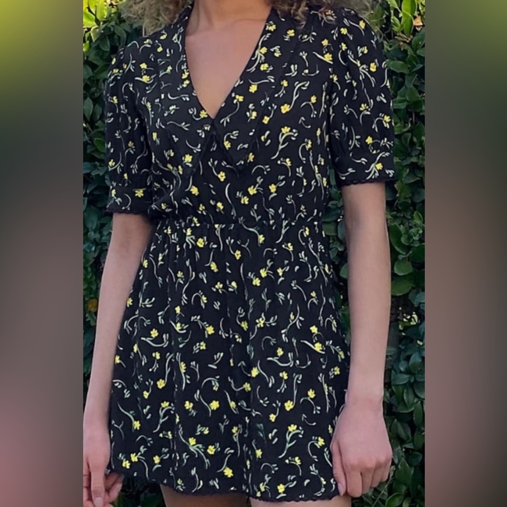 Sunday Best Floral Puff Sleeve Mini Dress Black Yellow Print Size 2XS